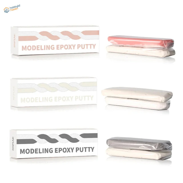Two component epoxy putty in pink, off-white, gray packaging