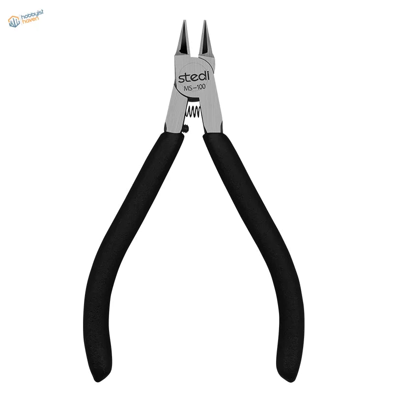 Black-handled Stedi MS-100 double edge nippers, stainless steel scale modeling tool