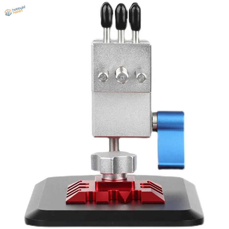 Universal precision vise with silver red prongs blue knob textured base