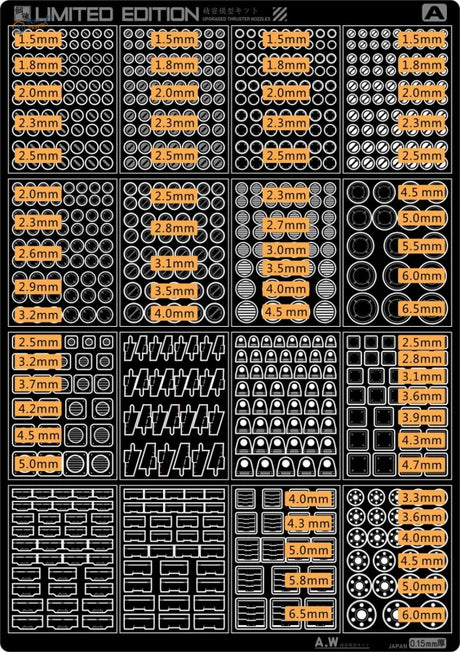 Black and white diagram of upgraded thruster nozzles for Gundam HG/MG/PG with orange diameter labels