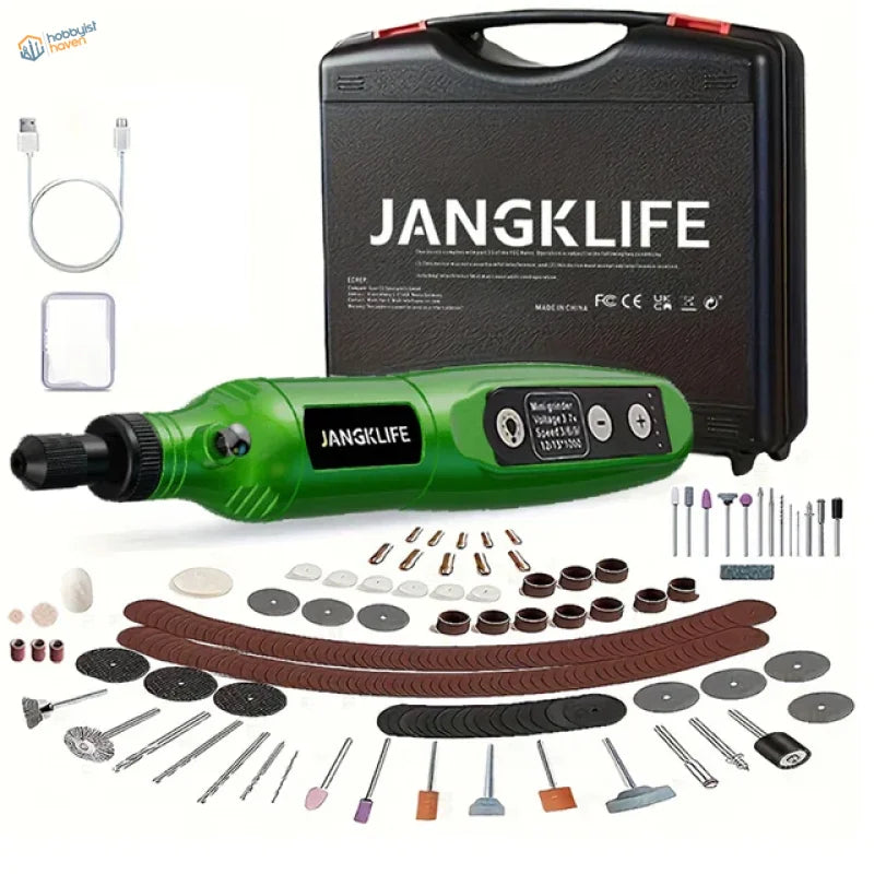 Green Jangklife mini electric drill with grinder and sanding attachments