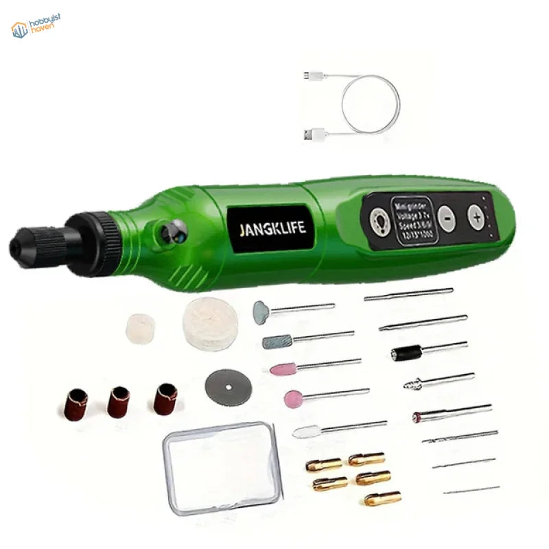 USB rechargeable mini electric drill with green jangk life rotary tool and bits