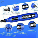 Blue Jangk mini electric drill with black chuck, speed buttons, LED lights