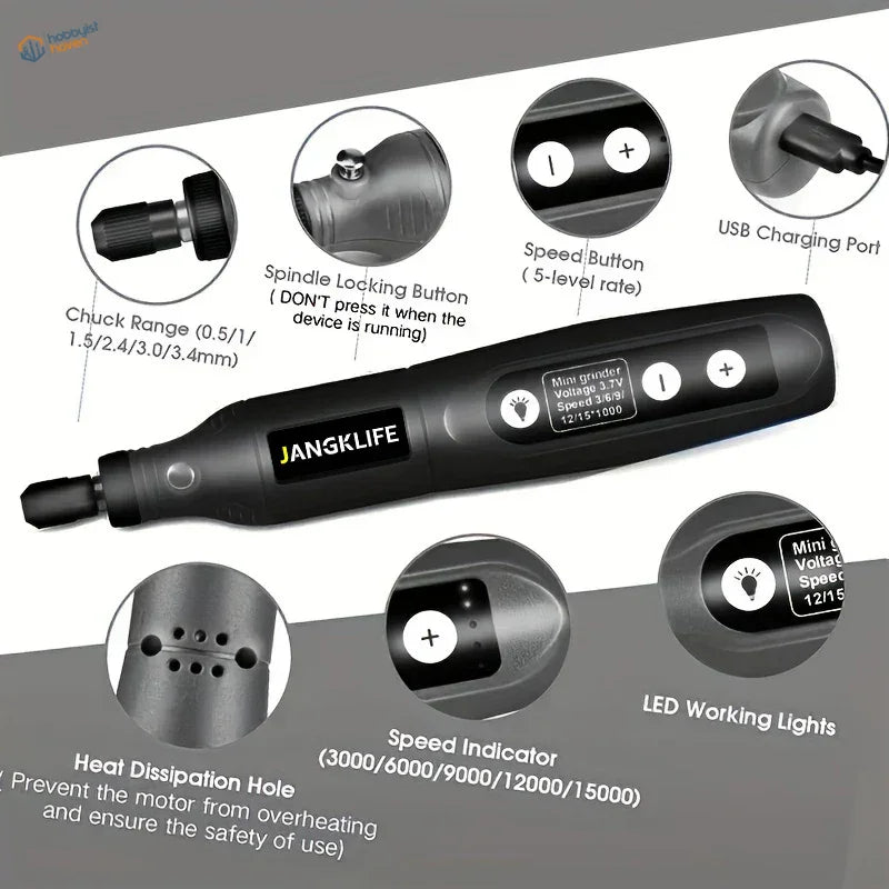 Black USB rechargeable mini electric drill with textured grip and controls