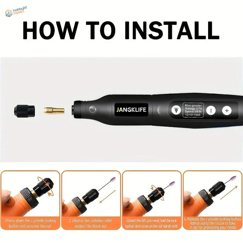 Black jangk life mini electric drill with orange grip and gold bits