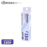 White rectangular package of ustar brand 180 grit self-adhesive sandpaper sheets with blue wavy design and bilingual details