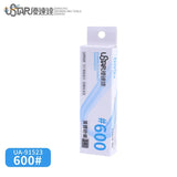White rectangular ustar self-adhesive sandpaper sheets with 600 grit and blue diagonal stripes featuring english and chinese details