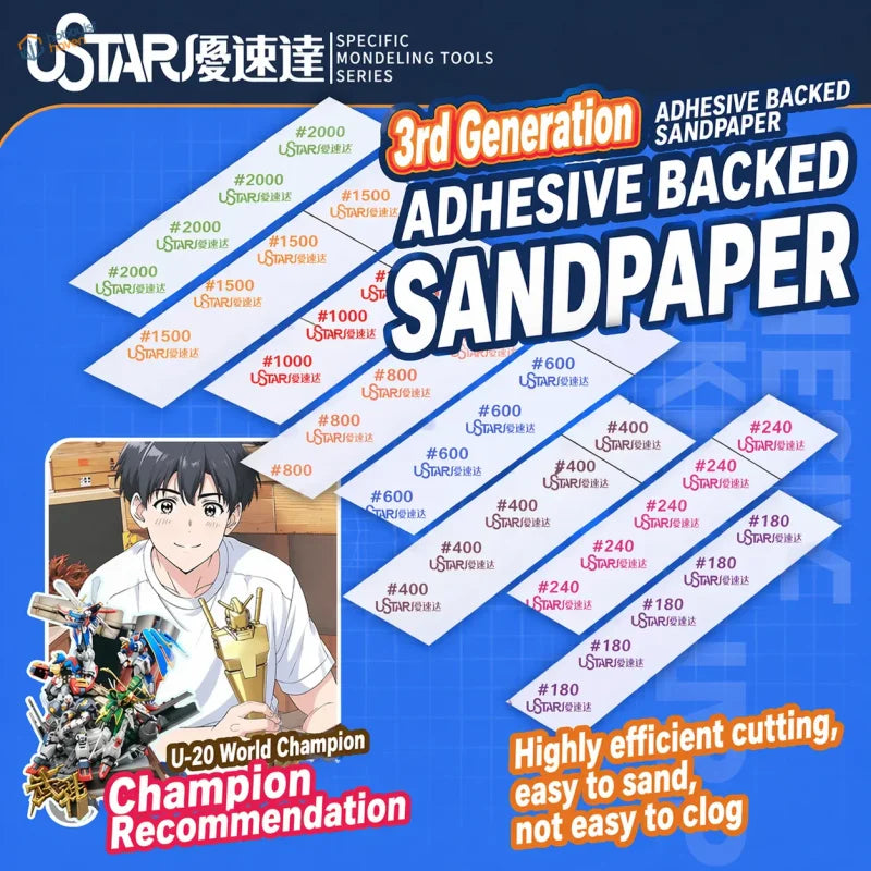 UStar self-adhesive sandpaper sheets in various grits engineered for modeling with a durable adhesive backing