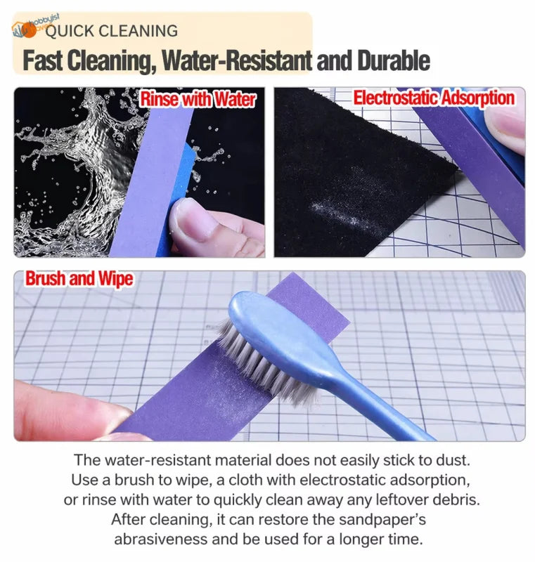 Ustar adhesive-backed modeling sandpaper with purple self-adhesive sandpaper sheets and a blue handle with metal bristles