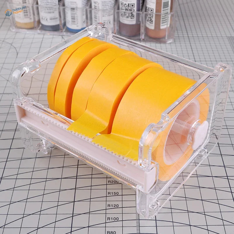 Clear plastic tape dispenser holding five bright yellow masking tape rolls for ustar masking tape dispenser set