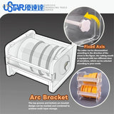Clear plastic ustar tape dispenser with white handle and adjustable serrated blades for precise masking tape cutting
