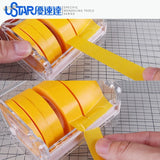 Clear plastic UStar masking tape dispenser holding five bright yellow rolls of masking tape for easy use