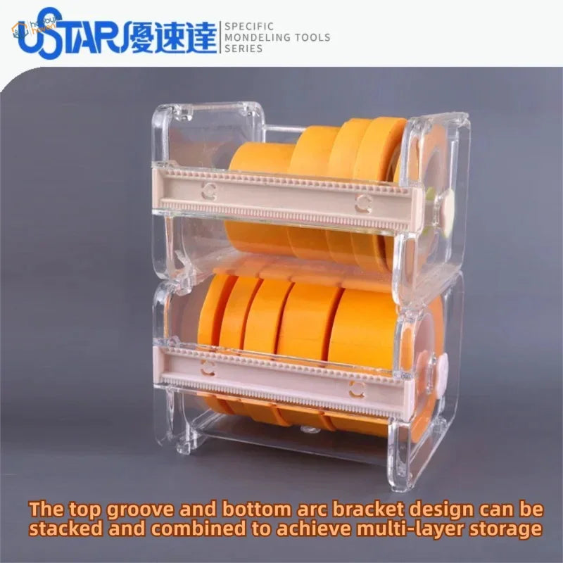 Clear plastic two-tiered ustar masking tape dispenser holding multiple rolls of bright orange masking tape