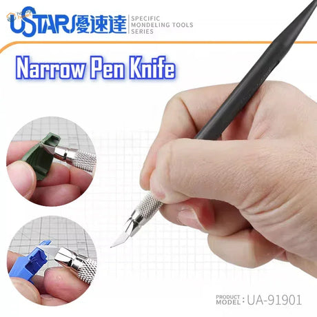UStar narrow pen knife with black handle, silver grip and precision hobby blade