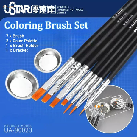 Ustar professional brush set with black handles, silver ferrules, orange bristles