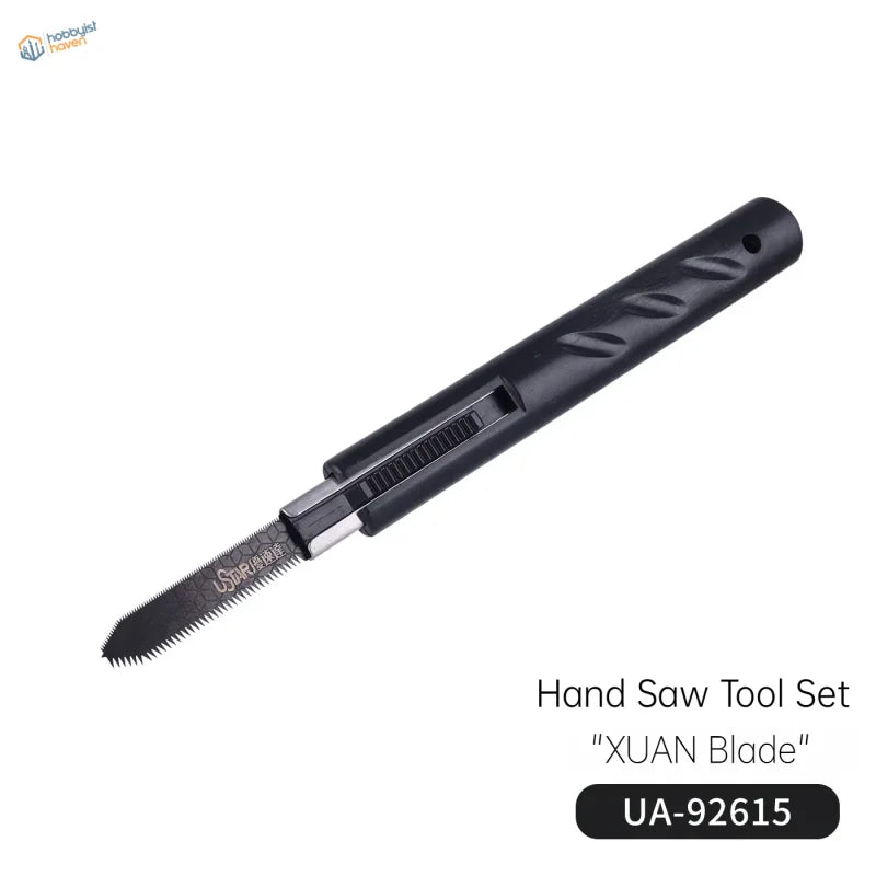 UStar stainless steel model hand saw with black serrated blade and grip