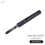 UStar stainless steel model hand saw with black serrated blade and grip