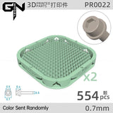 Light green 3D printed recessed hex flange rivet with pin grid and hex holes
