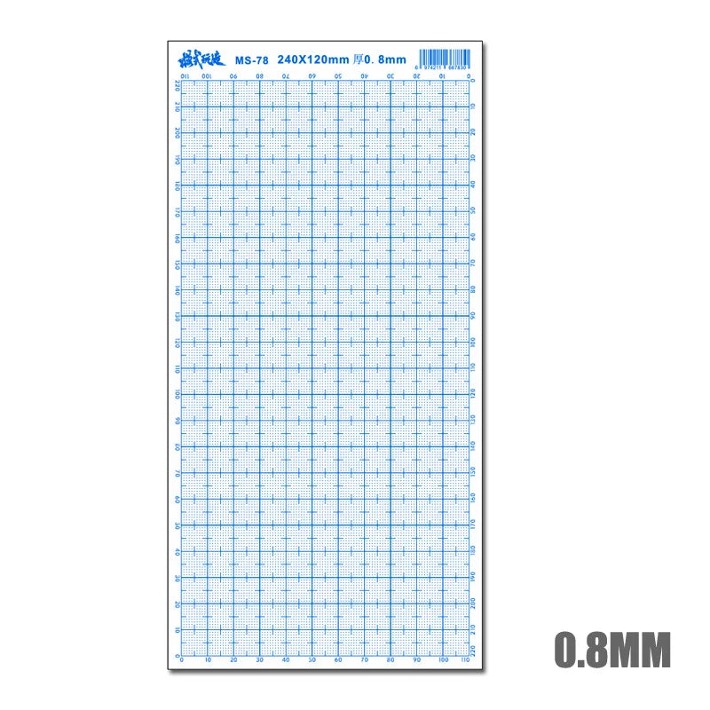 Blue abs plastic modeling sheets with precise grid markings and a grid ruler on a white background for accurate measurement