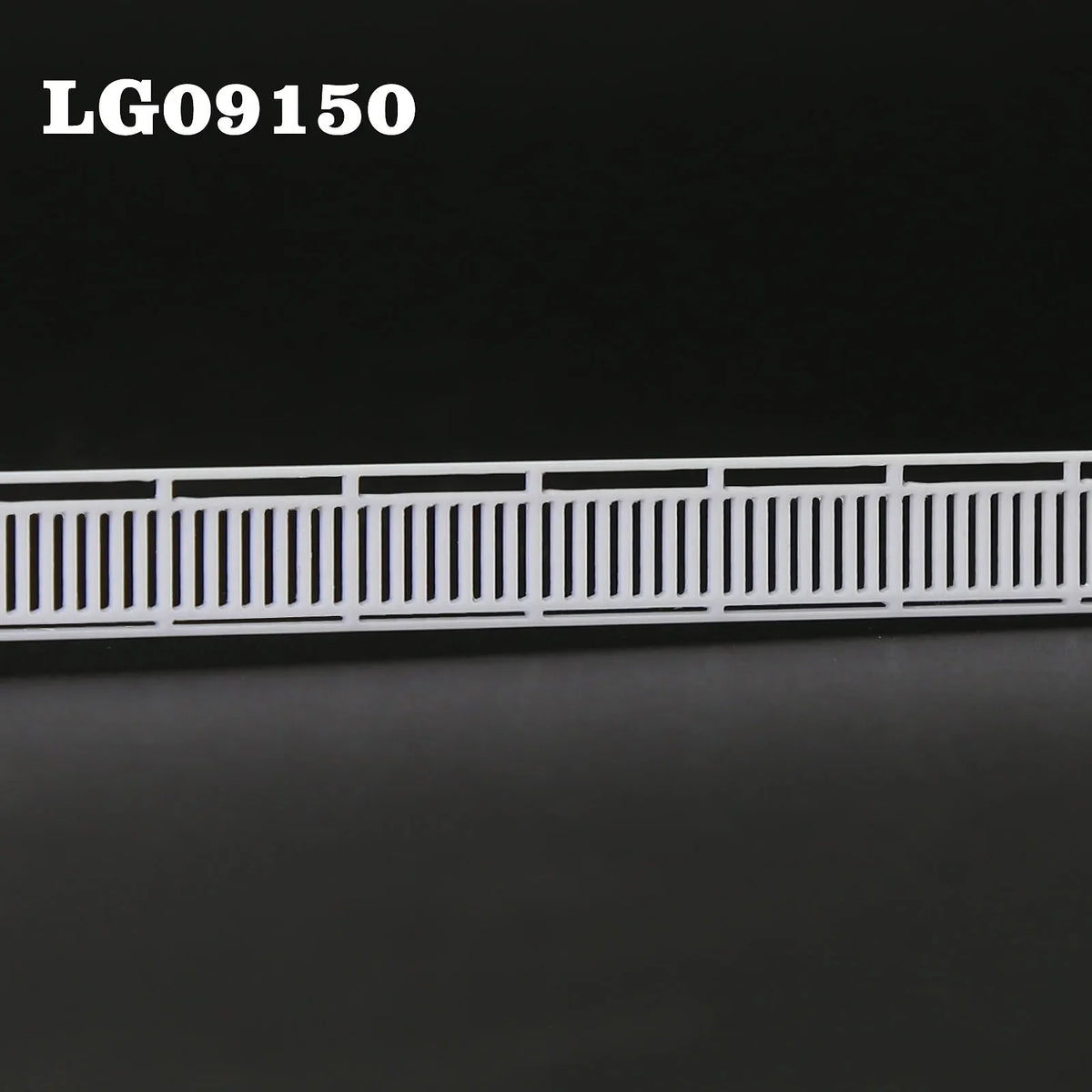 N scale white plastic railing with vertical slats and horizontal rails for station platform or lattice-top picket fence wall