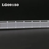 N scale white plastic railing with vertical slats and horizontal rails for station platform or lattice-top picket fence wall
