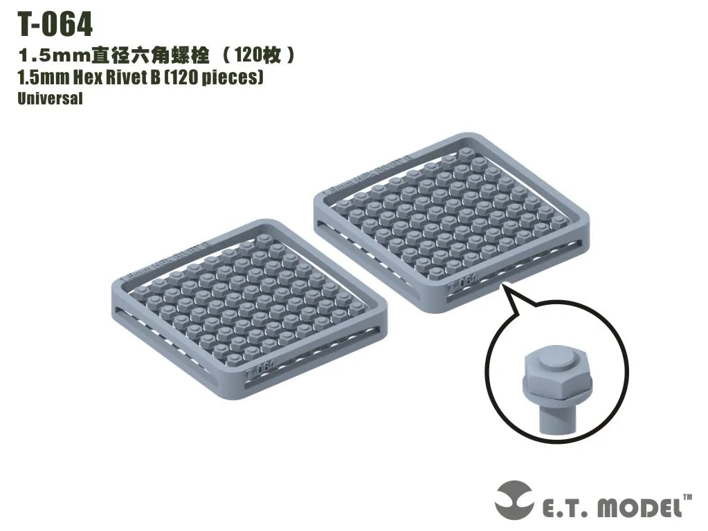 Gray 1.5mm 3D-printed hexagonal rivets T-064 in 120-piece tray