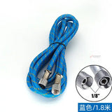 Blue braided airbrush hose with metallic 1/8 inch threaded connectors for airbrush applications