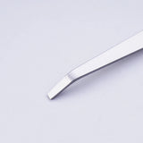 Silver-toned precision angled file tweezers with curved flat tip