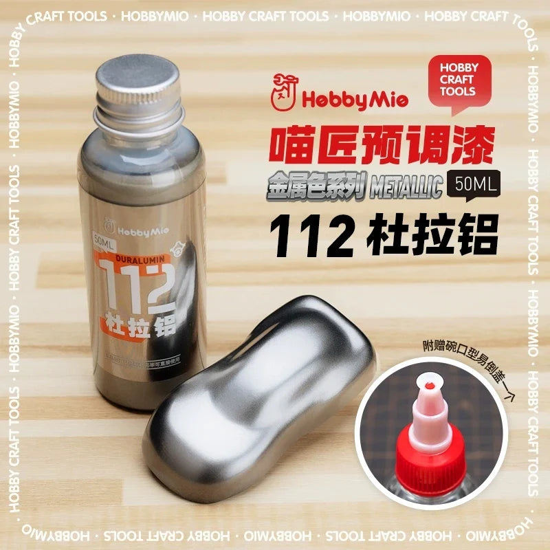 Hobby Mio 50ml oil-based metallic paint in duralumin silver with pourable finish for precision hobby tools and model building