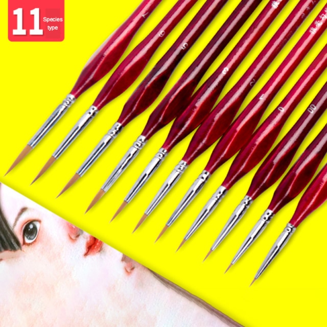 Triangular handle precision brushes, 11 red-handled fine-tipped set