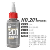 Gray 50ml plastic bottle of Hobby Mio primer surfacer with red cap and white nozzle for precision hobby tools