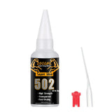 A clear plastic bottle of loolif 502 super glue with white nozzle and red cap for scale models and scale modeling tools