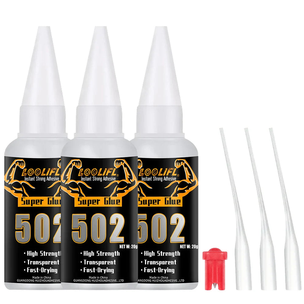 Three white bottles of loolif 502 super glue with black and gold labels for scale models and scale modeling tools