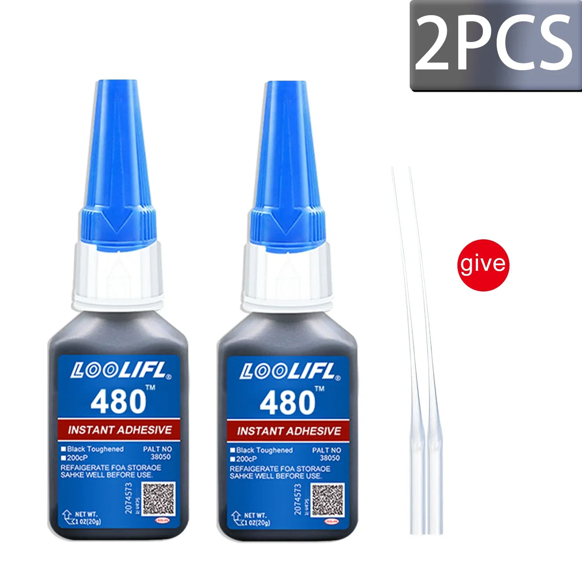 Two black 20ml bottles of loolifl 480 black cyanoacrylate adhesive with blue caps and clear application tips