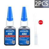 Two black 20ml bottles of loolifl 480 black cyanoacrylate adhesive with blue caps and clear application tips