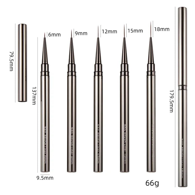 Ultra-fine liner brushes with dimensions: 5 tip sizes from 6mm to 18mm, 137mm handles