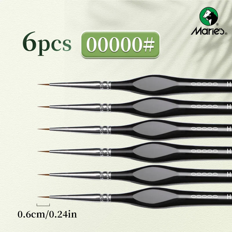 Set of 6 black-handled 5/0 extra fine brushes with green label