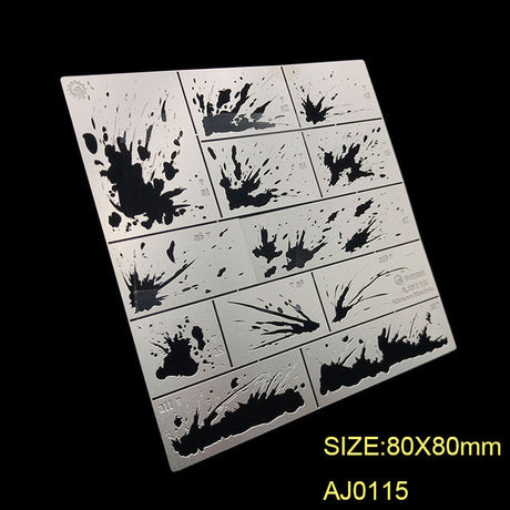 Splashing sludge stencils: silver metal sheet with black ink splatter grid