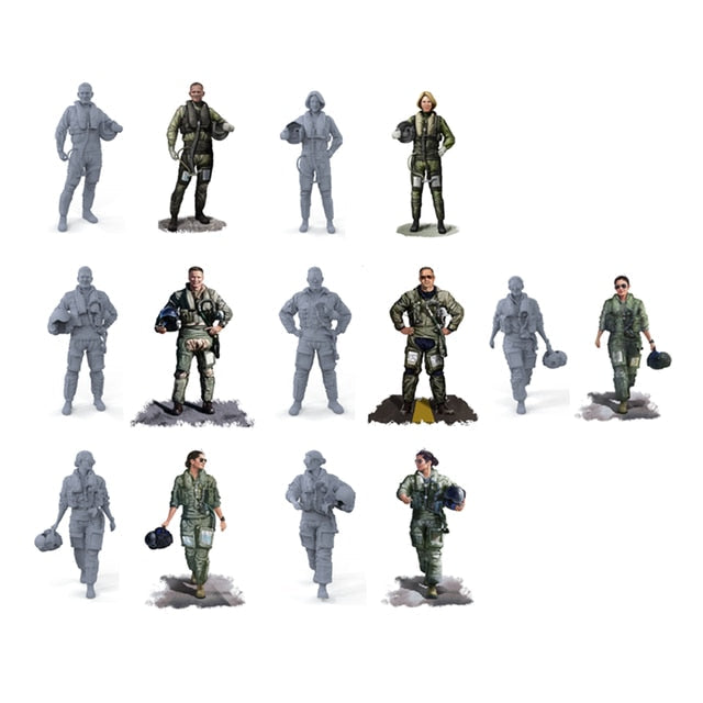 1/48 resin modern fighter pilots in gray green flight suits various poses