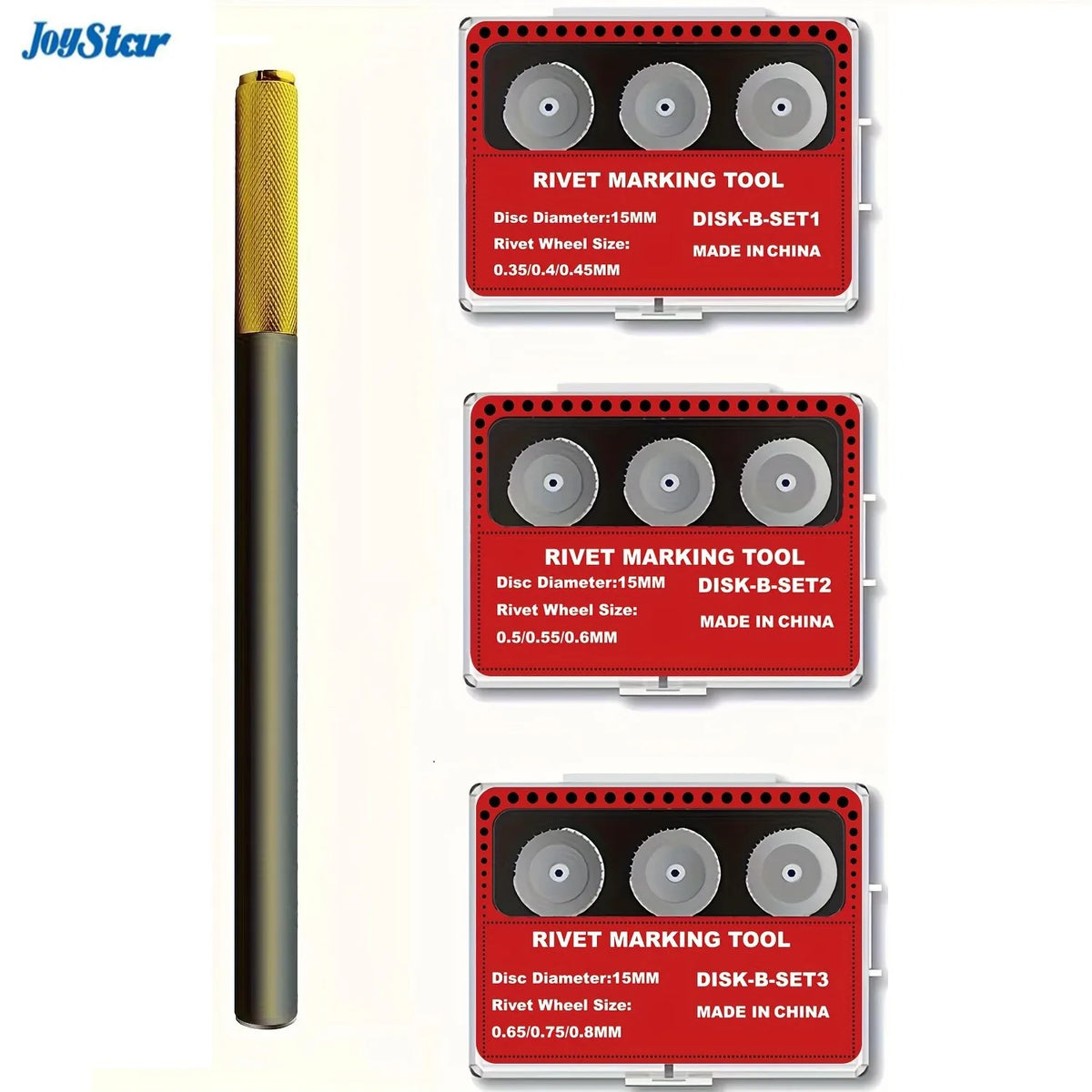 Gold and black rivet making tool with handle and 3 disc sets