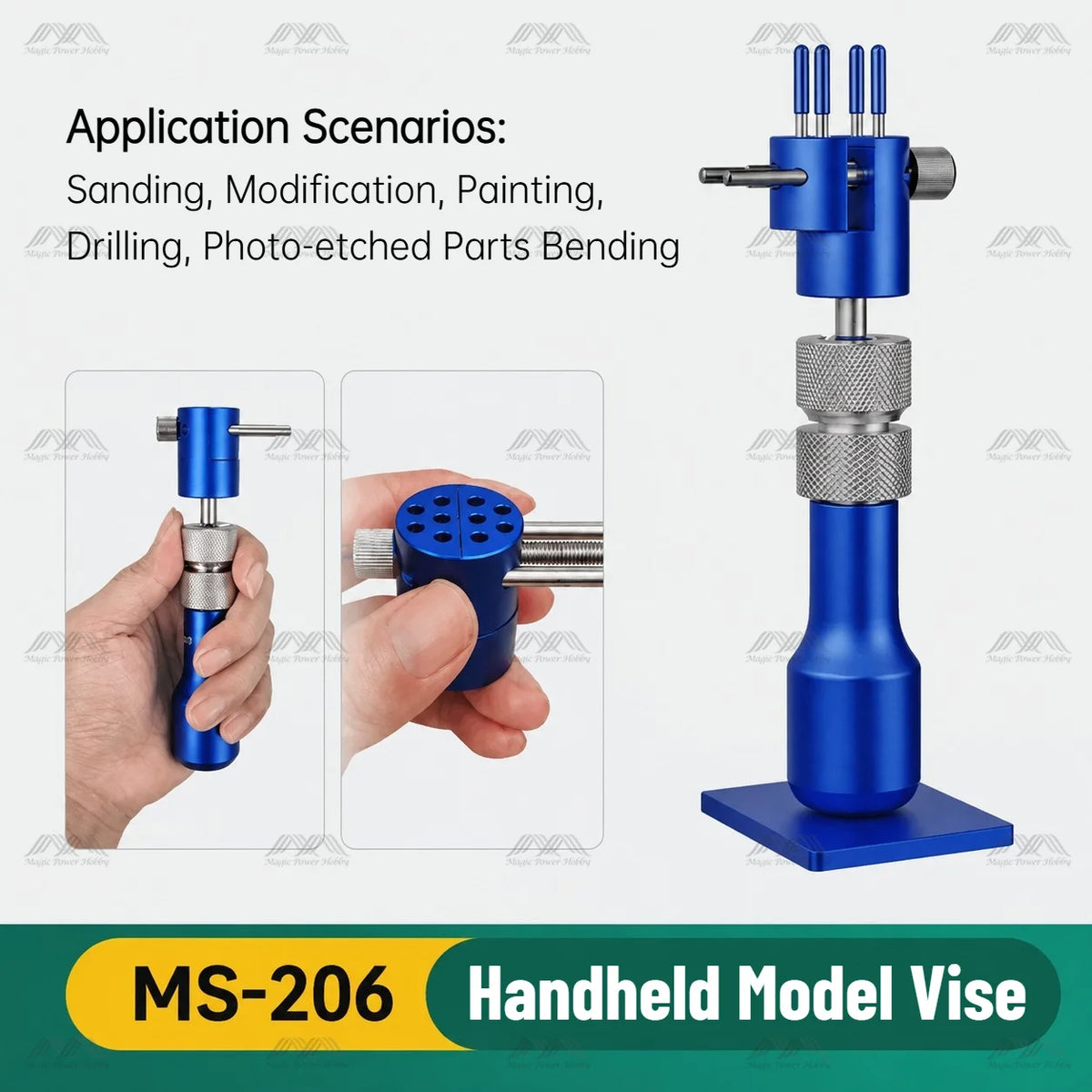 Blue Stedi MS-206 model vise on its base, with handheld use shown in the inset