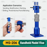 Blue Stedi MS-206 model vise on its base, with handheld use shown in the inset