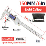 Silver digital vernier caliper with stainless steel and zinc alloy construction 150mm measuring range for scale modeling