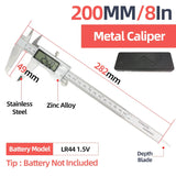 Silver digital vernier caliper with stainless steel and zinc alloy construction 200mm measuring range for scale modeling