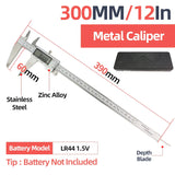 Silver digital vernier caliper made of stainless steel and zinc alloy with 300mm measuring range for scale modeling