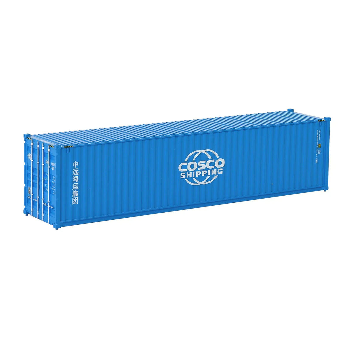 HO scale train model: blue Cosco Shipping container with logo