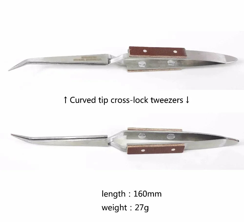 Silver curved tip reverse tweezers with brown wooden handles, 160mm