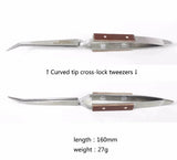 Silver curved tip reverse tweezers with brown wooden handles, 160mm