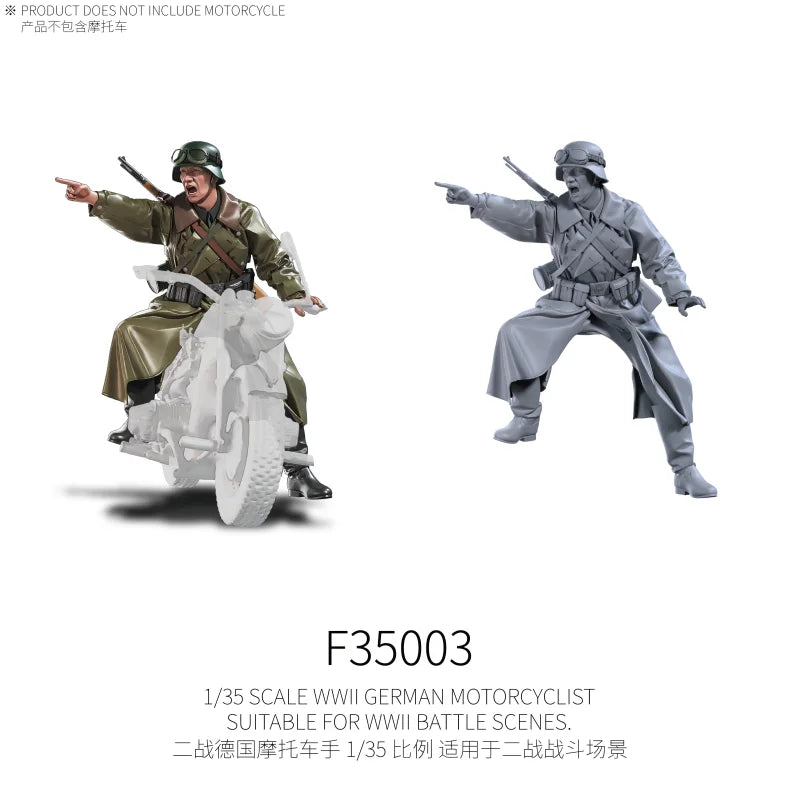 1/35 scale German motorcyclist figure in olive green uniform, painted and unpainted resin versions