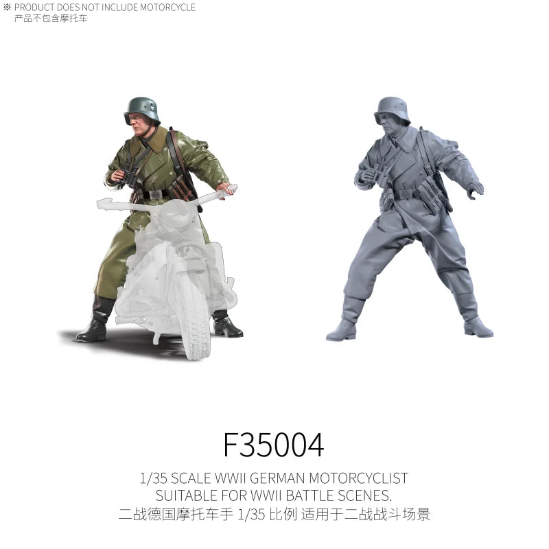 1/35 scale WWII German motorcyclist figure in olive green uniform beside translucent motorcycle